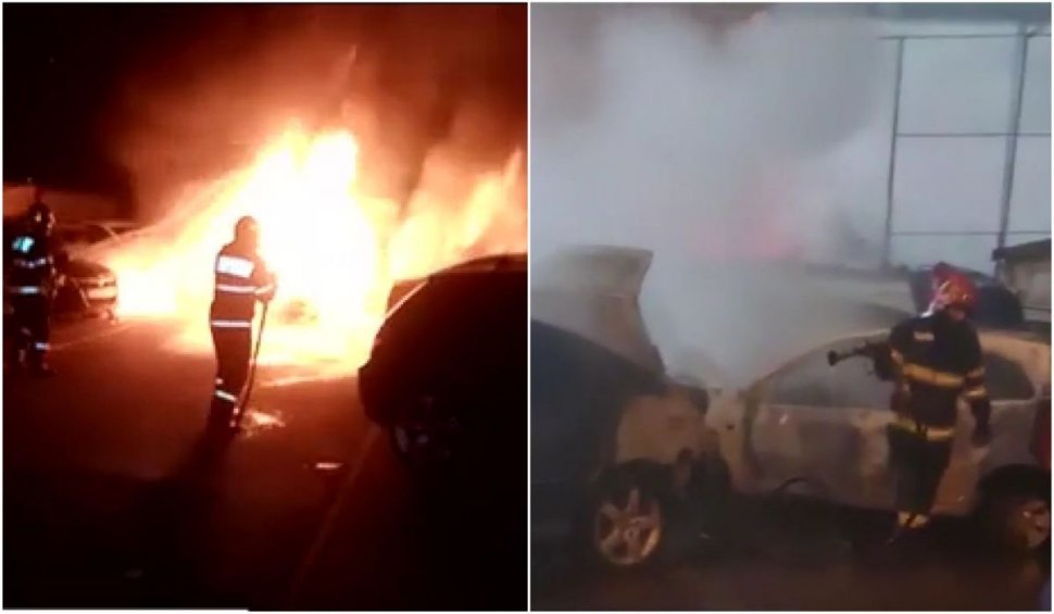 Incendiu puternic în Craiova. Cinci autoturisme au fost făcute scrum. Totul a pornit de la o șoferiță