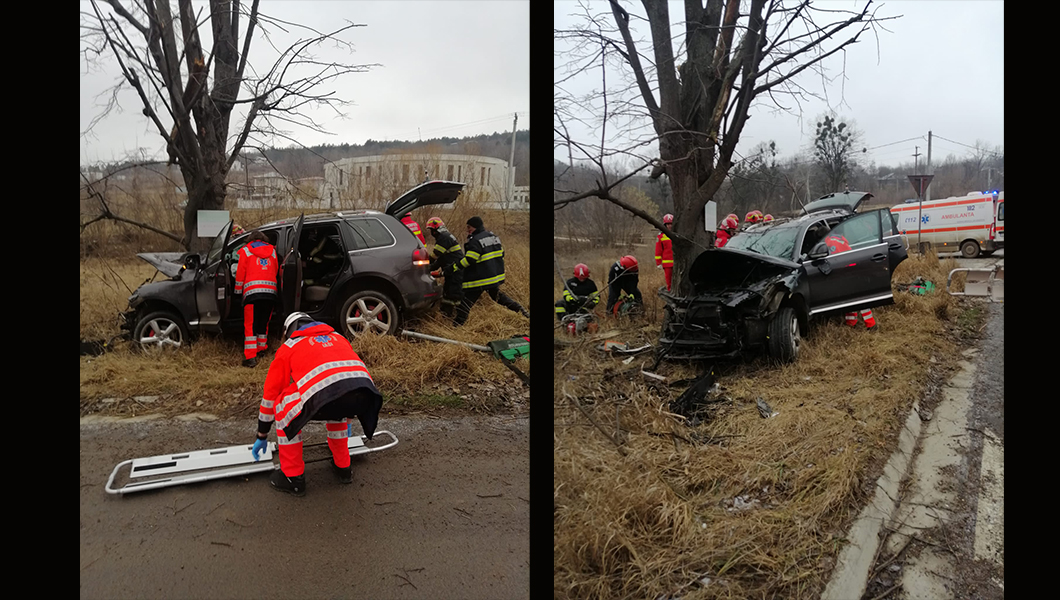 Accident rutier grav în Bucium. Un VW Touareg a intrat într-un copac. O victimă a rămas încarcerată – EXCLUSIV, FOTO, VIDEO