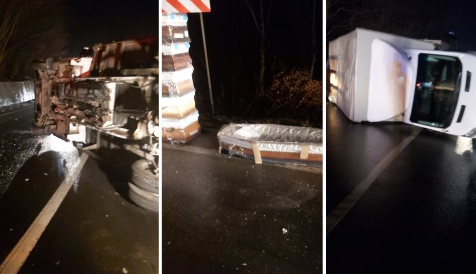 Mai multe coșciuge s-au împrăștiat pe DN 13 în Brașov după ce un camion s-a răsturnat