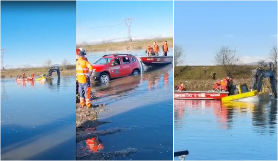 Intervenție a pompierilor din Gorj pentru scoaterea unui muncitor ce a rămas blocat cu excavatorul în râul Jiu