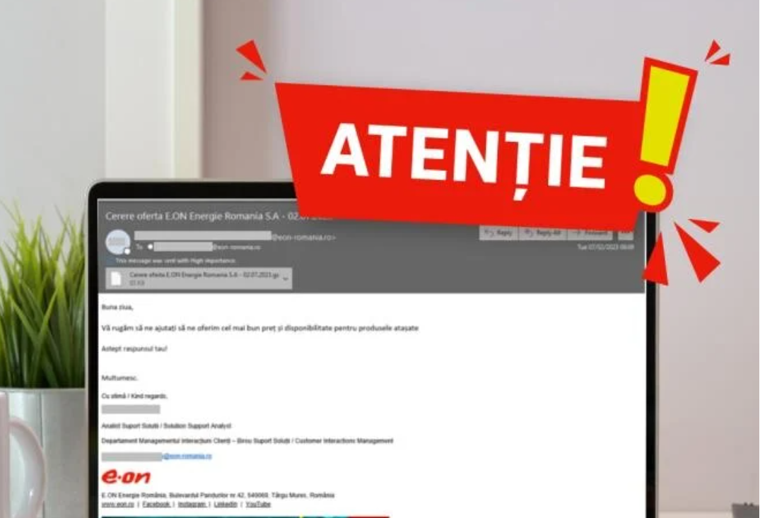 Avertismentul E.ON Energie România asupra unor e-mailuri primite de clienți ai companiei