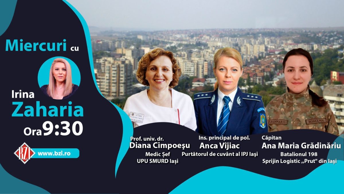 Prof. dr Diana Cimpoesu, coordonator SMURD, Anca Alexandra Vîjiac, inspector principal de politie și purtator de cuvânt al IPJ Iasi si căpitan Ana Maria Grădinăriu, Batalionul 198 Sprijin Logistic „Prut” din Iași, discută în emisiunea BZI LIVE despre activitatea femeilor în structurile de apărare, interventie și salvare