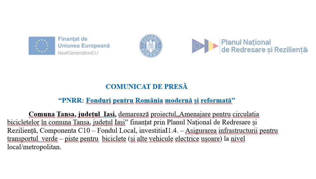 COMUNICAT DE PRESĂ – PNRR: Amenajare pentru circulatia bicicletelor în comuna Tansa, județul Iași