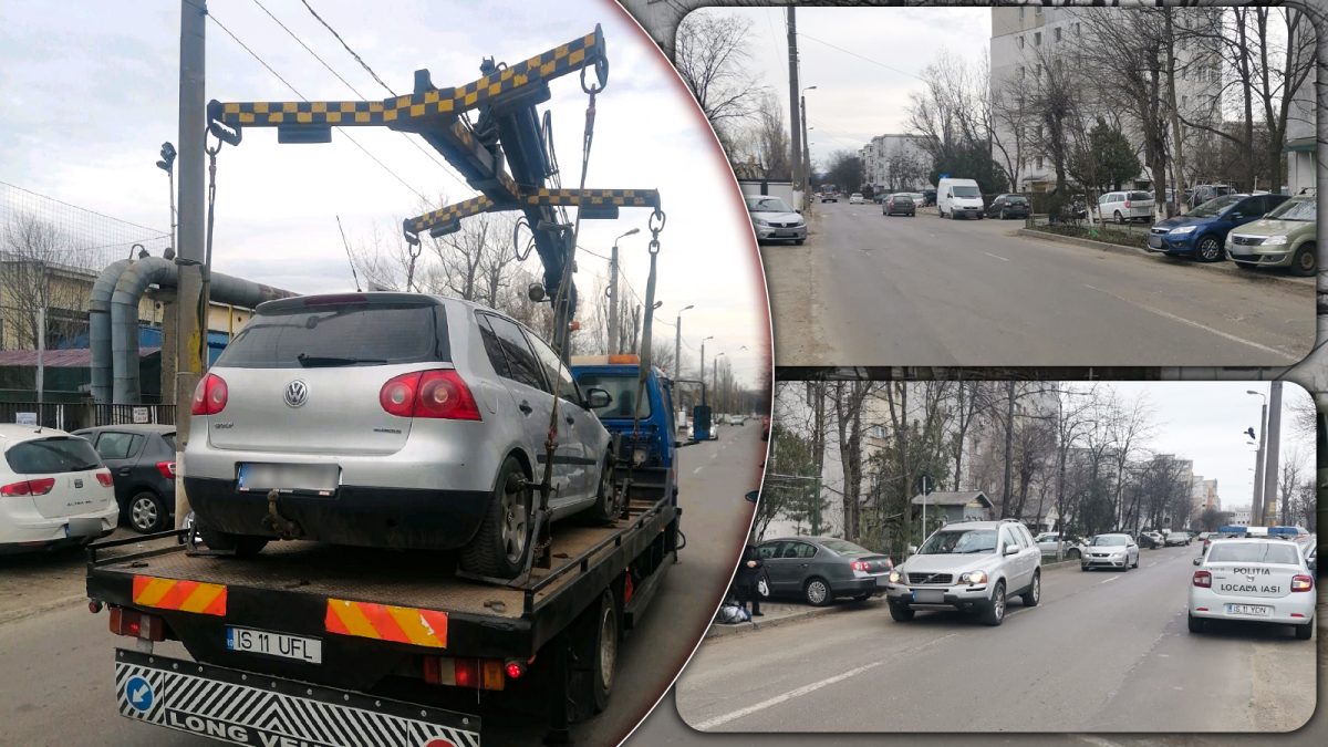 O stradă din Iași a devenit parcare pentru mașini. Mai multe autoturisme au fost ridicate de pe șoseaua Națională, lângă pasajul Octav Băncilă – FOTO