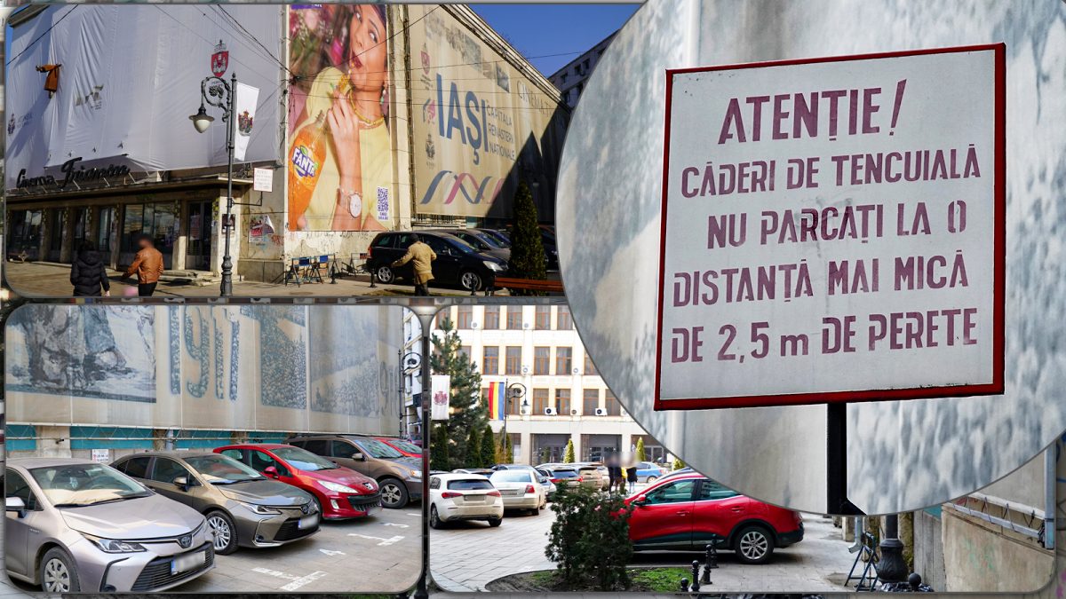 Primăria Iași închiriază locuri de parcare lângă o clădire din centrul Iașului, care stă să cadă. „ATENȚIE! Căderi de tencuială. Nu parcați la o distanță mai mică de 2,5 m de perete” – FOTO