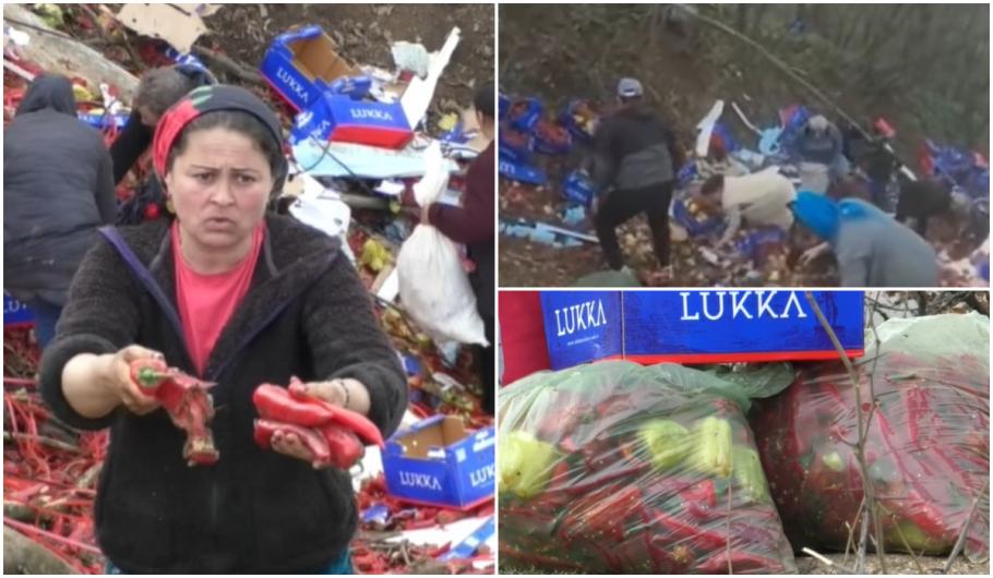 Accident rutier în judeţul Dolj. Un TIR încărcat cu ardei s-a răsturnat. Localnicii şi-au umplut sacii şi lăzile: „Suntem săraci” – VIDEO