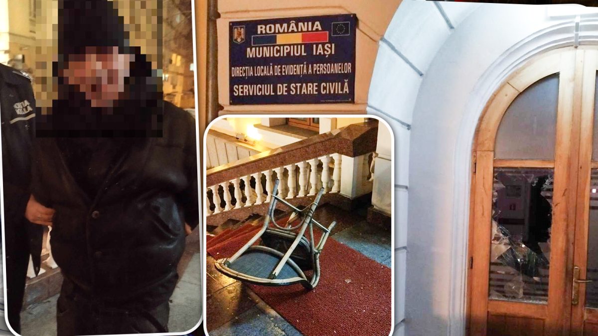 Un bărbat din Iași a spart cu un scaun geamurile Casei Căsătoriilor. Motivul nu a fost înțeles nici de polițiștii care au intervenit: „Când am văzut ce face, am sărit direct și l-am pus la pământ” – FOTO