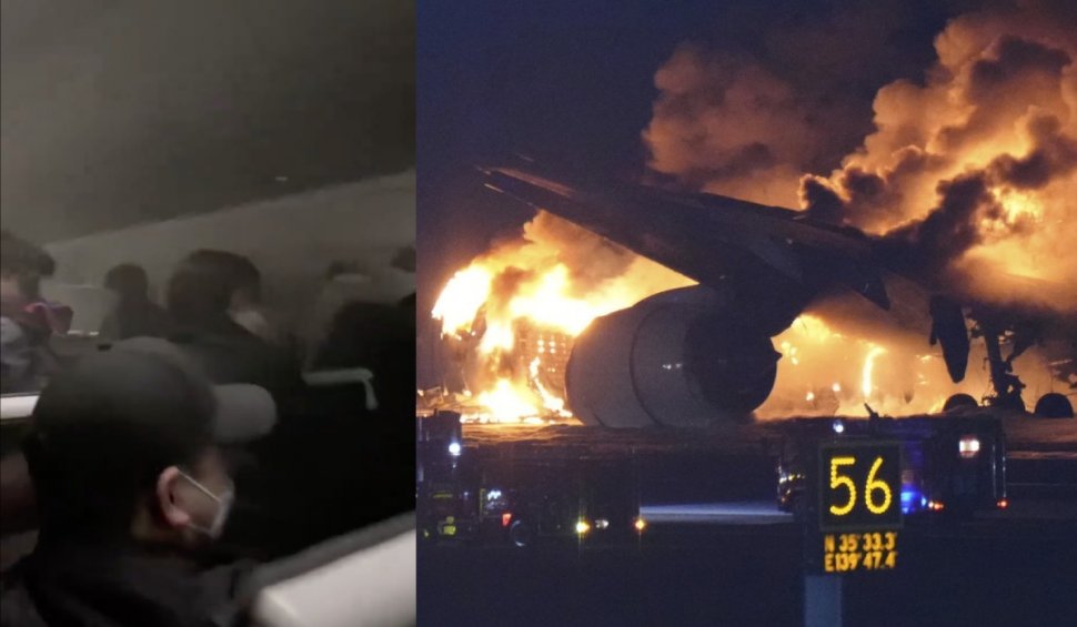 Imagini din interiorul avionului aterizat în flăcări, surprinse de pasageri înainte să fie evacuați – VIDEO