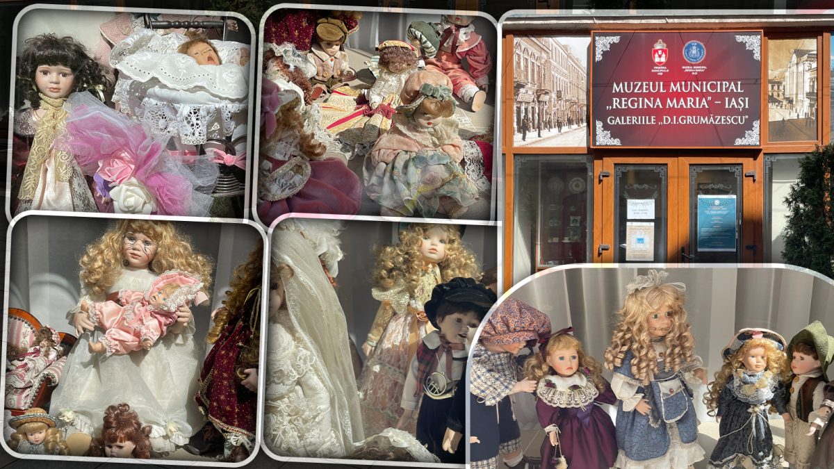 O colecție de păpuși din porțelan, vechi de 100 de ani, a fost expusă în vitrina unor galerii din centrul Iașului, după ce proprietara a murit. Fiica femeii le-a scos imediat din casă – FOTO
