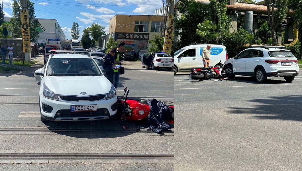 Accident rutier în Tudor Vladimirescu. Un motociclist a fost lovit de un autoturism – FOTO