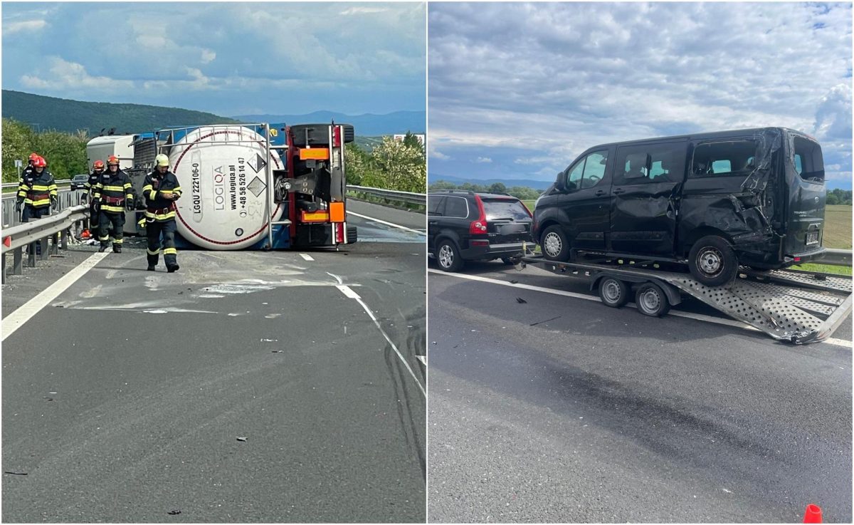 Accident rutier extrem de grav pe A1! O autocisternă cu oțet s-a răsturnat – FOTO