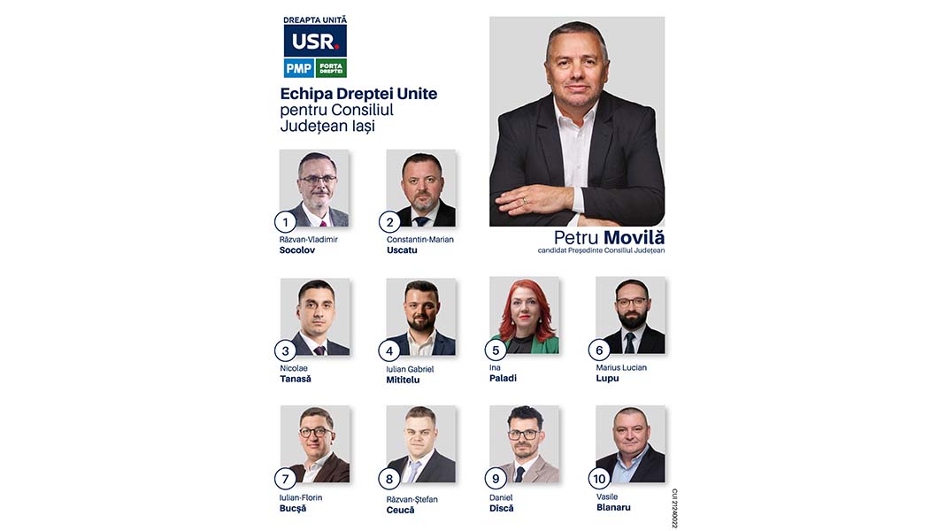 Aceasta este echipa Dreapta Unită pentru Consiliul Judeţean Iaşi. Petru Movilă: „Este singura alternativă”