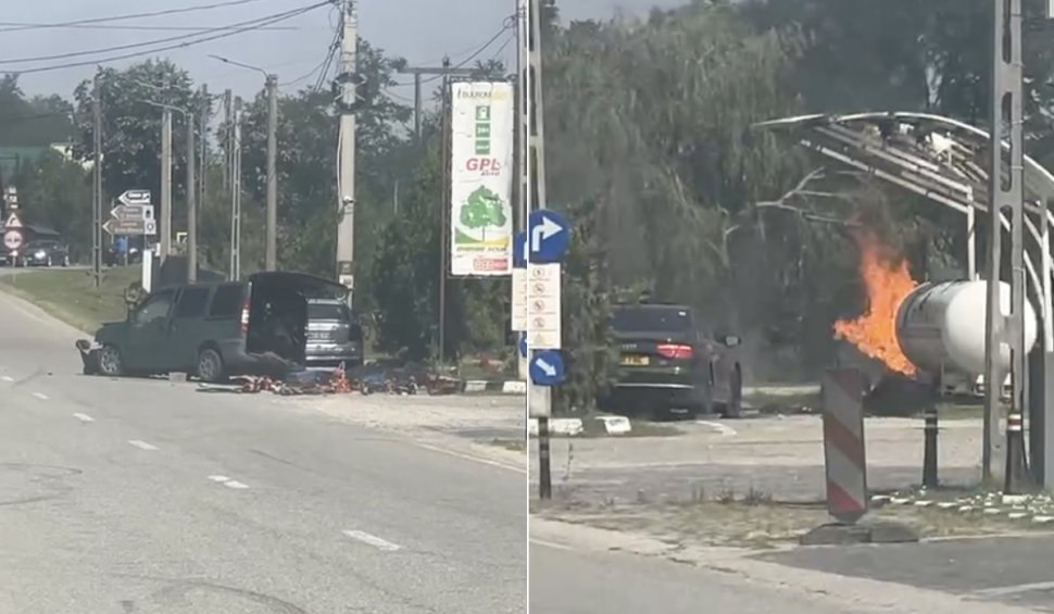 O stație de GPL din Mehedinți a luat foc, după un accident rutier între două mașini
