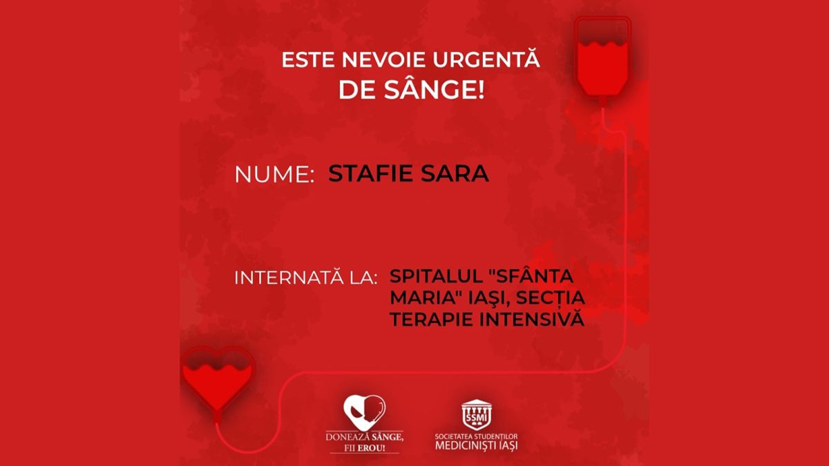 Apel umanitar pentru o pacientă în vârstă de 13 ani, bolnavă de leucemie, care este internată la Spitalul Clinic de Copii „Sf. Maria”! Sara Stafie are nevoie urgent de sânge – FOTO