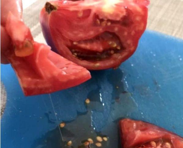 A tăiat o roșie și a rămas șocată când a văzut ce este înăuntru! Clujeanca a cumpărat tomata din supermarket