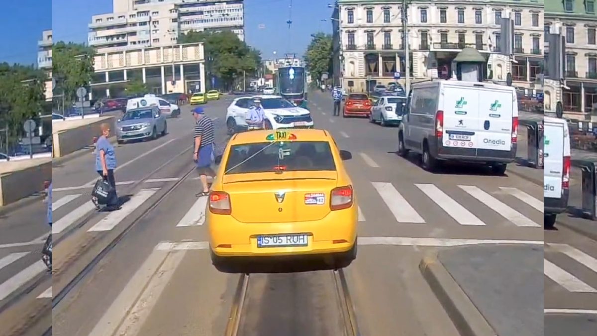 Imagini de pe camera de bord! Iată cine a apărut de după tramvai, în Piața Unirii, în fața unui taximetrist. A fost șocul vieții sale