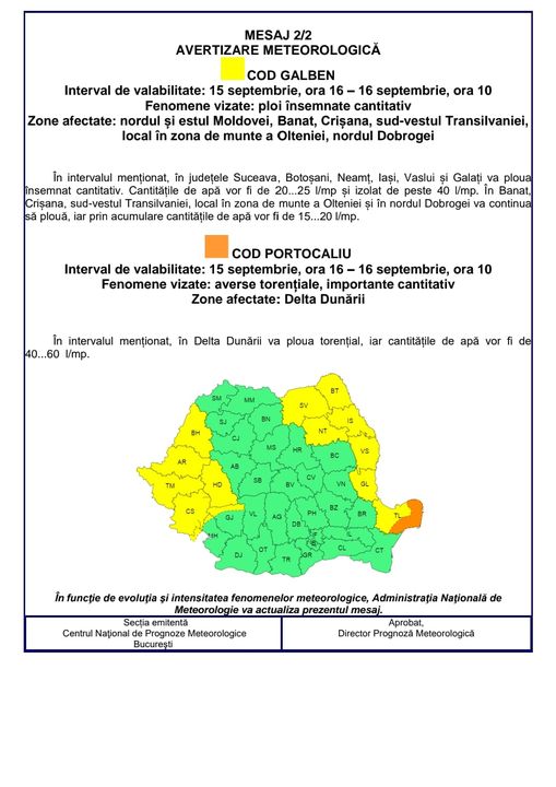 Cod galben de ploi însemnate cantitativ! Meteorologii au făcut anunțul