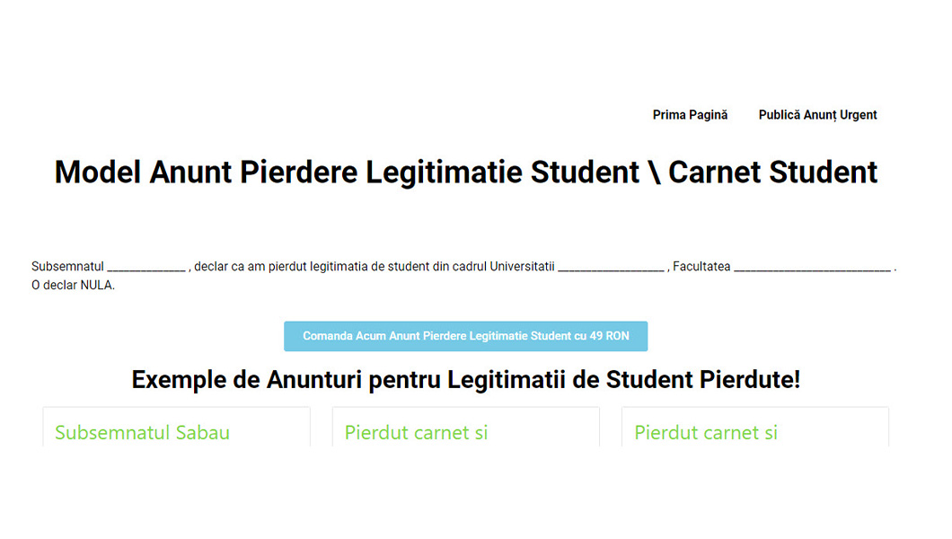Model anunt pierdere legitimație student carnet student (P)