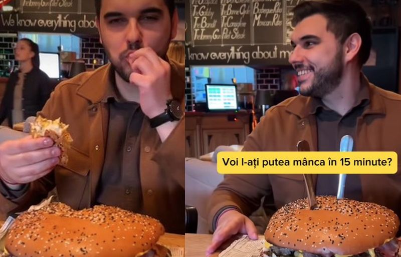 A mâncat celebrul burger de 2 kilograme din Brașov! Câți bani a plătit
