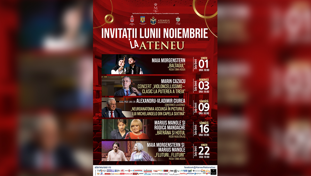 Cinci evenimente cu invitați speciali în luna Noiembrie la Ateneul ieșean