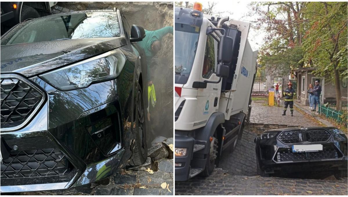 Surparea străzii din Sectorul 6, surprinsă de camere. Un copil cade într-o groapă cu tot cu maşina din care coboară – VIDEO