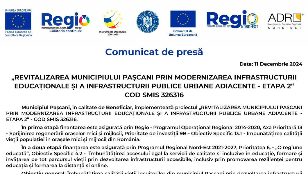 „Revitalizarea Municipiului Pașcani prin modernizarea infrastructurii educaționale și a infrastructurii publice urbane adiacente – Etapa 2” COD SMIS 326316