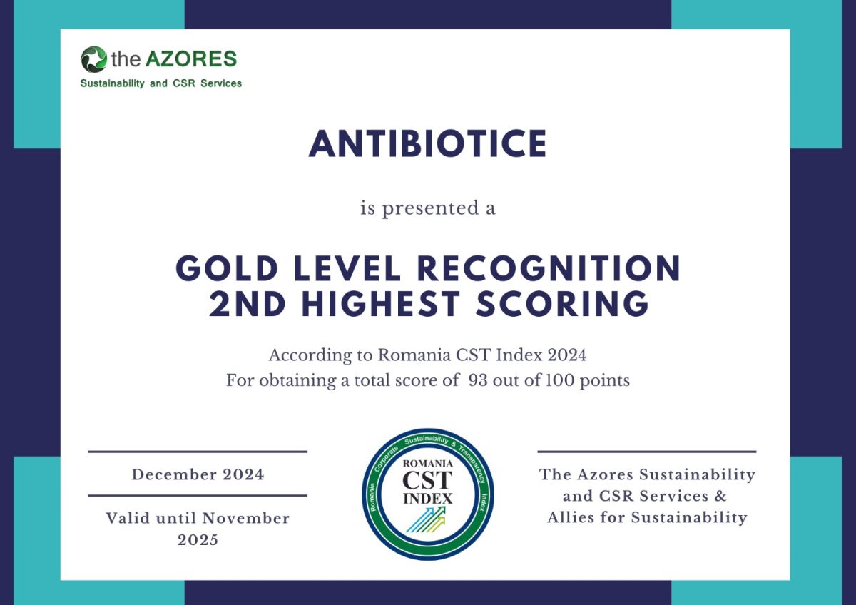 Antibiotice Iași premiată cu Gold Level Recognition în cadrul competiției Romania Corporate Sustainability & Transparency INDEX