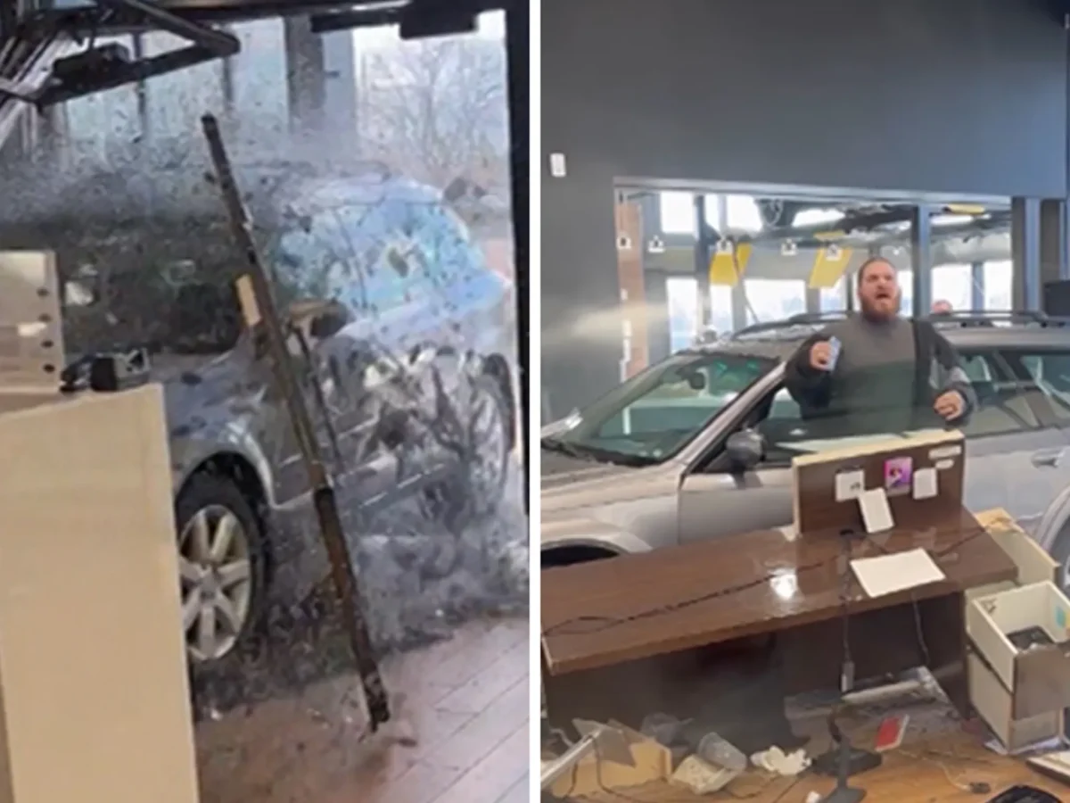 Un șofer furios a intrat cu mașina prin fereastra unei reprezentanțe auto. Ce l-a determinat să recurgă la acest gest exploziv