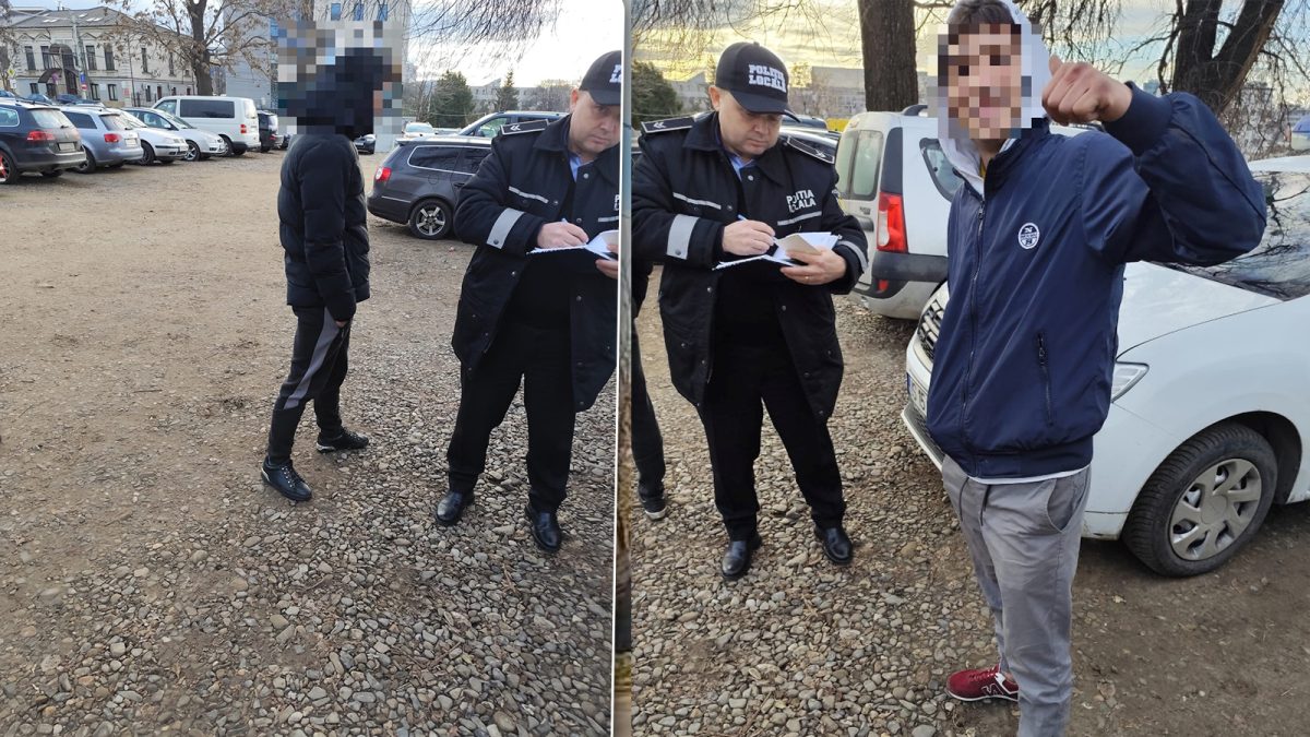 Tupeu golănesc! Trei tineri din Iași au pus stăpânire pe o parcare din centrul orașului și au devenit agresivi cu polițiștii: „Sunt mașini zgâriate cu cheia”