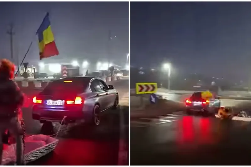 Revelion cu adrenalină extremă: Drifturi cu sicriul legat de mașină în sens giratoriu la Iași