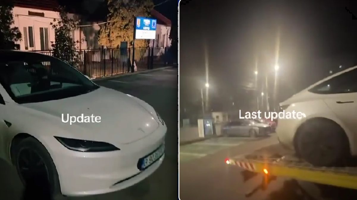 Un proprietar al unui autoturism marca Tesla, nemulțumit că stația electrică din comuna Lespezi nu funcționează. Acesta a fost obligat să ajungă la destinație cu mașina pe platformă