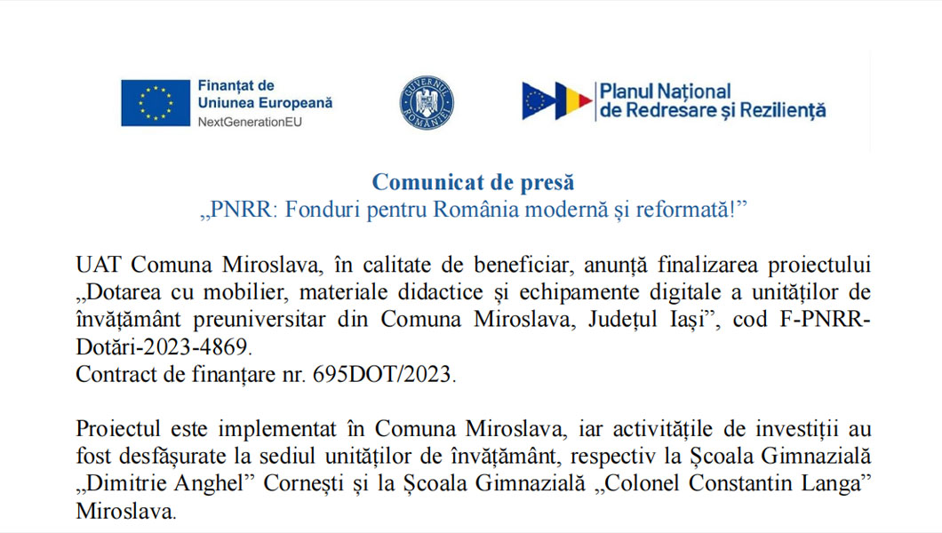 Finalizarea proiectului „Dotarea cu mobilier, materiale didactice și echipamente digitale a unităților de învățământ preuniversitar din comuna Miroslava, județul Iași”