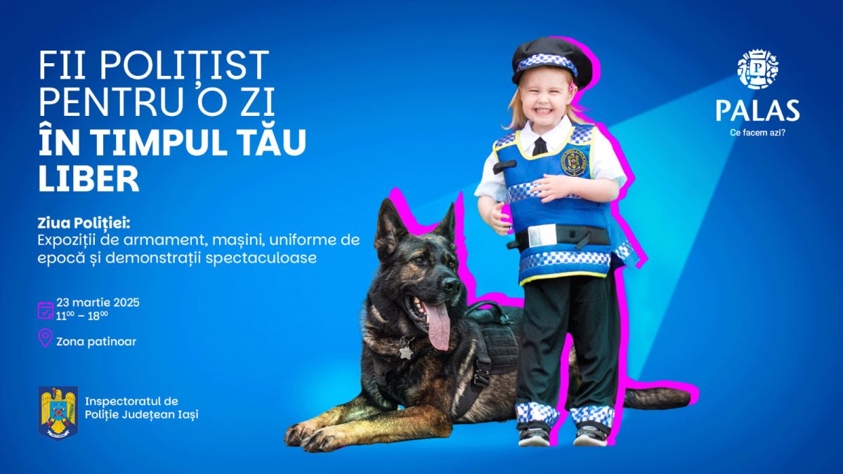 Ziua Poliției Române este sărbătorită în grădina Palas. IPJ Iași a pregătit demonstrații de autoapărare, patrula canină, prezentare a tehnicii de criminalistică, ateliere pentru copii, dar și alte activități interactive