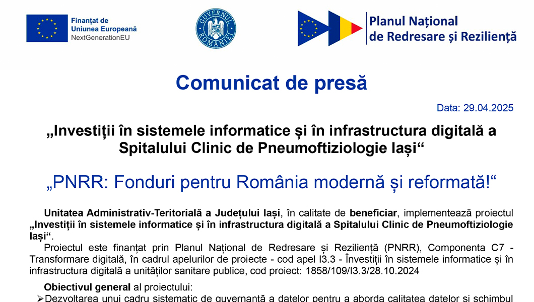 Investiții în sistemele informatice și în infrastructura digitală a Spitalului Clinic de Pneumoftiziologie Iași