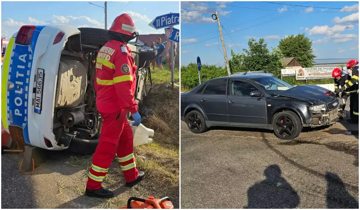 Mașină de poliție făcută praf! Doi ofițeri, scoși cu greu dintre fiare