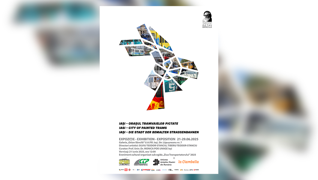 Invitație expoziția „Iași – orașul tramvaielor pictate” semnată de designer Silviu Teodor-Stanciu, Vernisaj