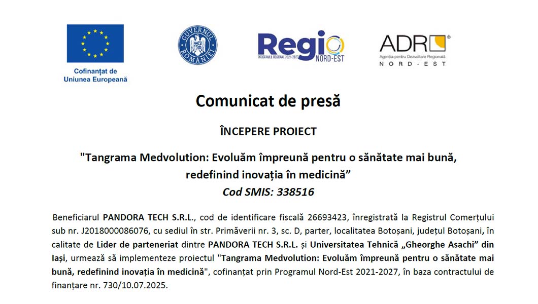Începere proiect „Tangrama Medvolution: Evoluăm împreună pentru o sănătate mai bună, redefinind inovația în medicină”. Cod SMIS: 338516