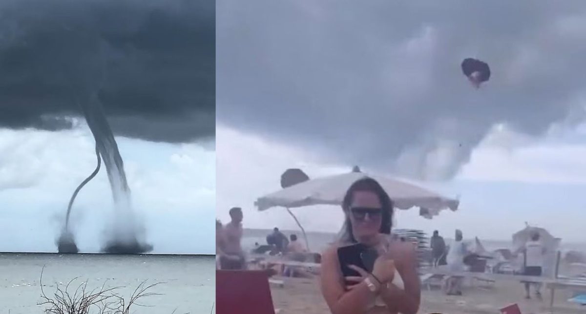 Momentul în care o plajă plină de turiști este lovită de o tornadă. Rafalele de vânt au făcut prăpăd