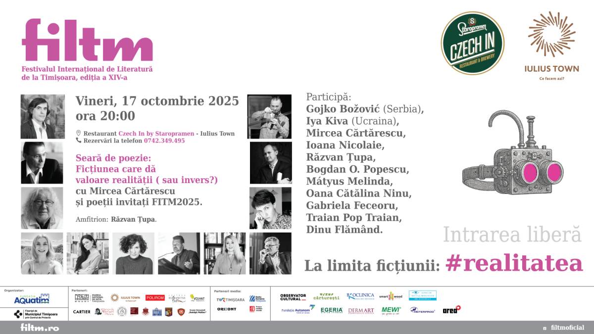 Seară de poezie în Iulius Town, cu Mircea Cărtărescu, Ioana Nicolaie, Răzvan Țupa și alte nume consacrate, în cadrul Festivalului Internațional de Literatură de la Timișoara
