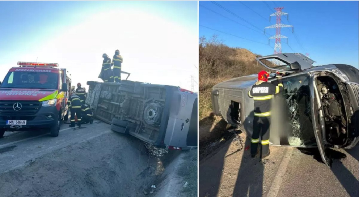 Mobilizare de forțe pe centură! Un microbuz cu 10 pasageri s-a răsturnat după ce o autoutilitară a lovit frontal vehiculul