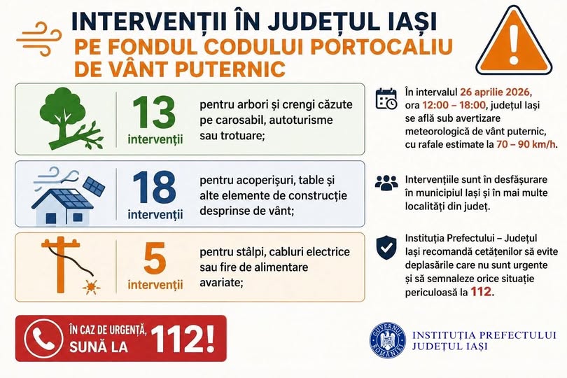 Intervenții în județul Iași pe fondul codului portocaliu de vânt puternic