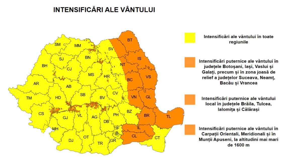 Cod portocaliu de vânt puternic în Iași: rafale de până la 90 km/h duminică