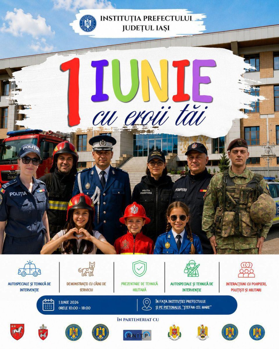 „1 Iunie cu eroii tăi”. Copiii din Iași sunt invitați să descopere autospecialele Poliției, ISU, Jandarmeriei și Armatei