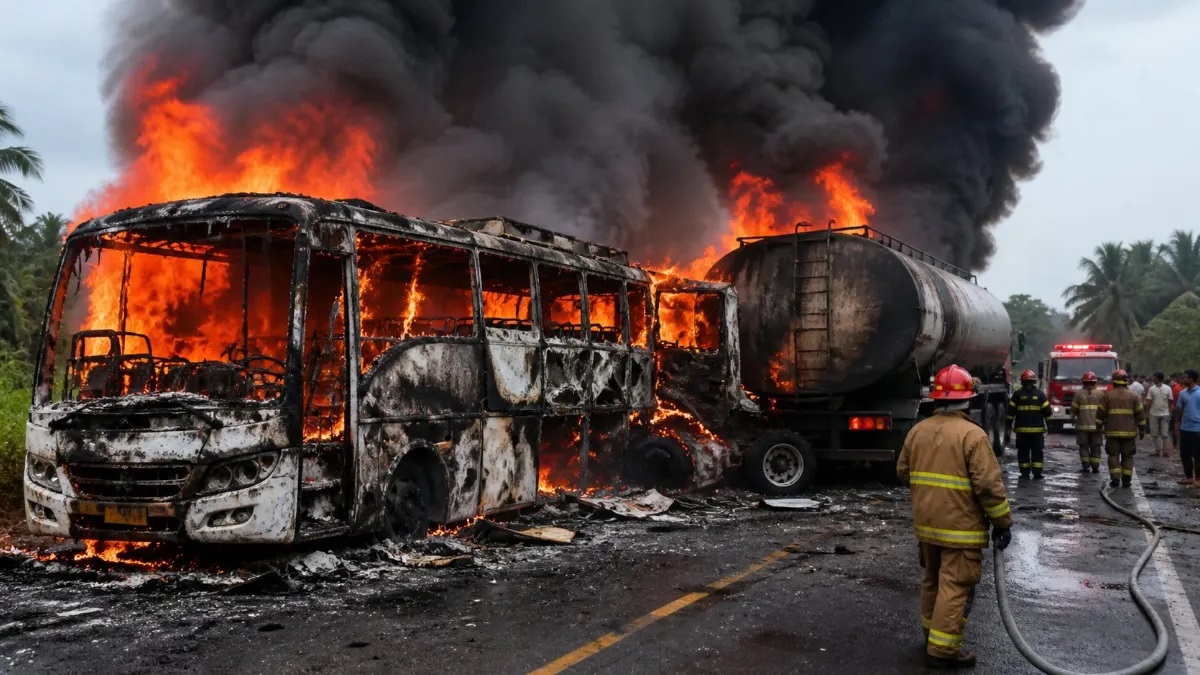 Autobuz plin cu pasageri, spulberat de o cisternă. Cel puțin 16 morți